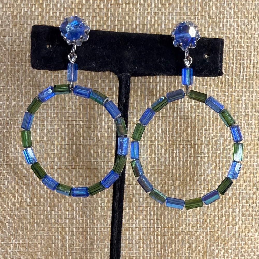 Vintage Vendome Blue and Green Beaded Hoop Glass Earrings